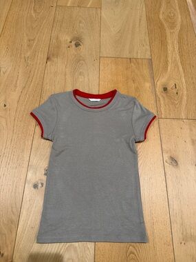 Zara women’s tan Tee with Red Trim - Classic Short Sleeve